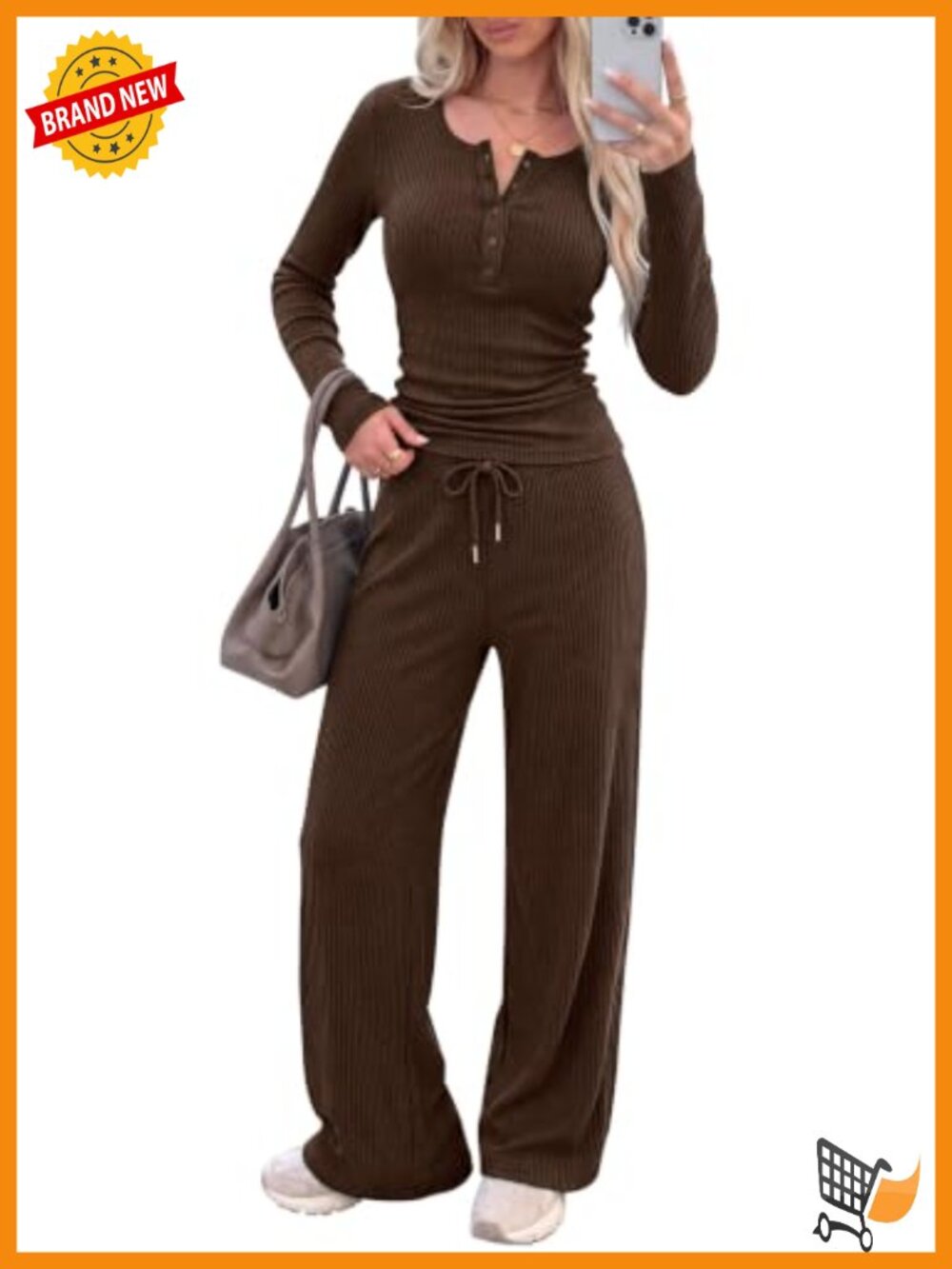 Ribbed knit lounge set, henley top & wide leg pants